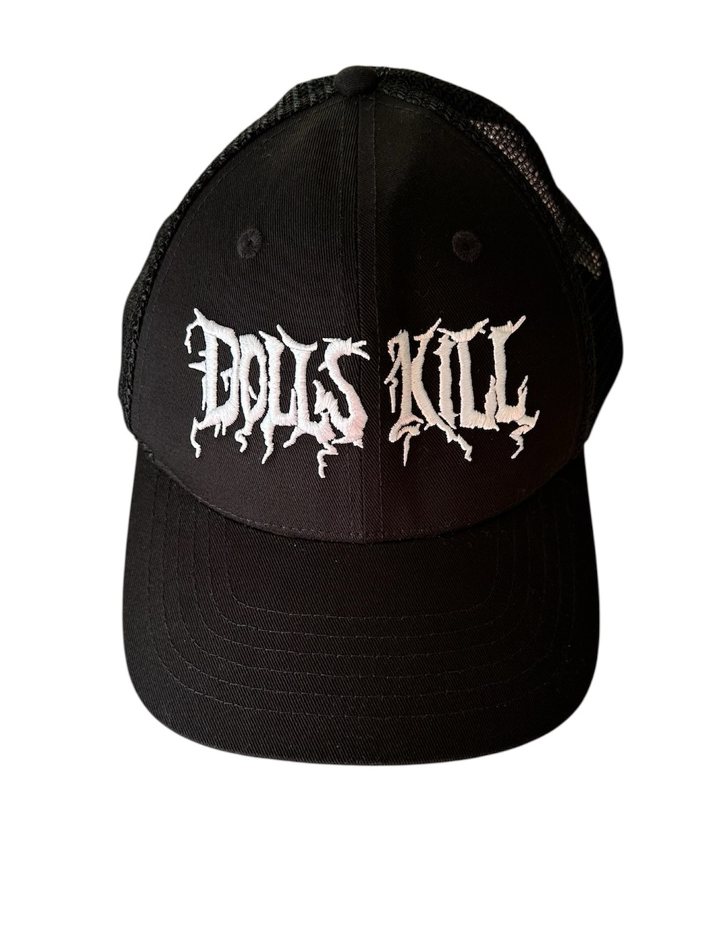 Dolls Kill Black White Embroidered Logo Trucker Hat Mesh Snapback Cap Goth Alt